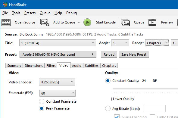 Windows Video tab in HandBrake for Windows with encoder choice and quality controls