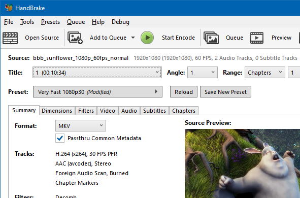 Windows Summary tab in HandBrake for Windows showing container format and audio tracks