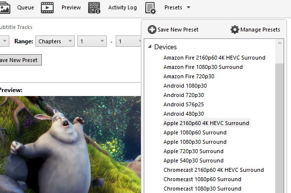 Windows HandBrake Presets drawer listing device-oriented profiles